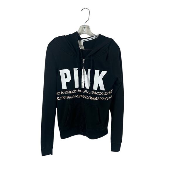 PINK Victoria's Secret black zip-up hoodie cheetah print size S - Picture 1 of 8